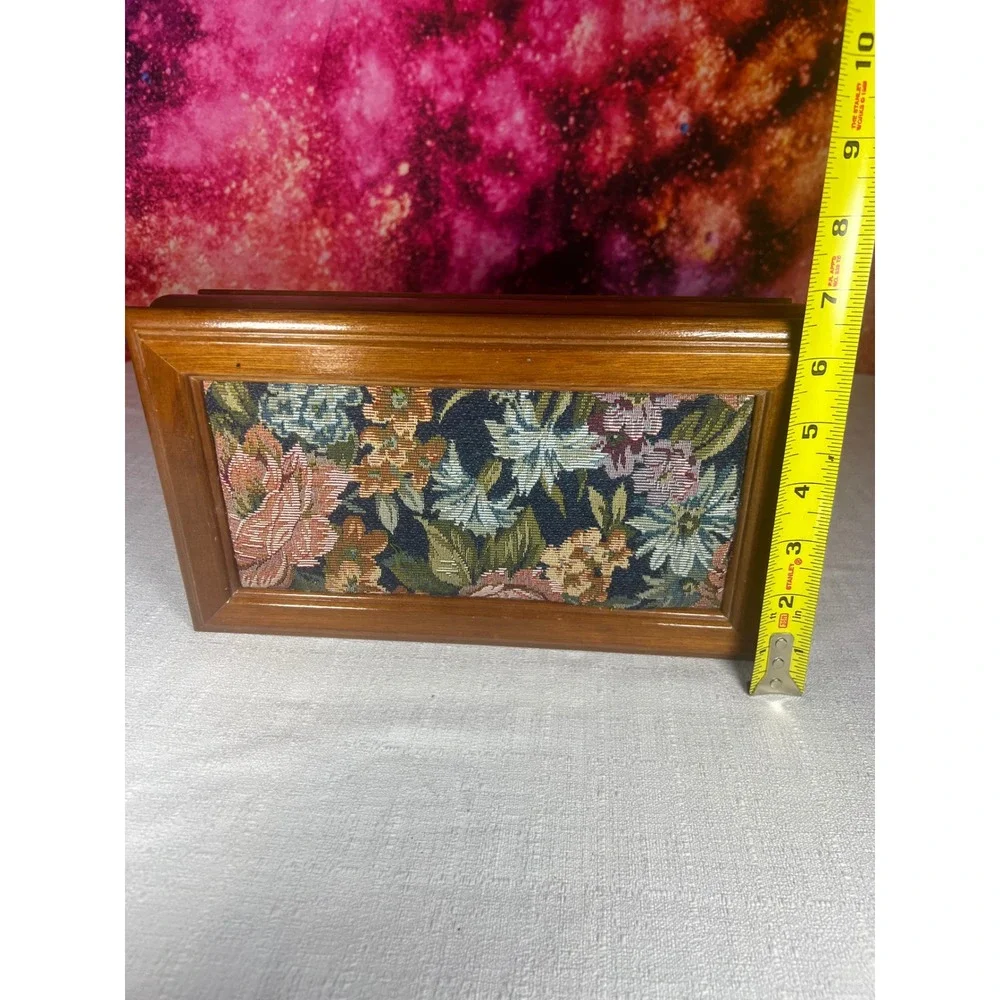 Vintage 1970s Floral Tapestry Jewelry Box Wood Mirrored Vanity Keepsake Box